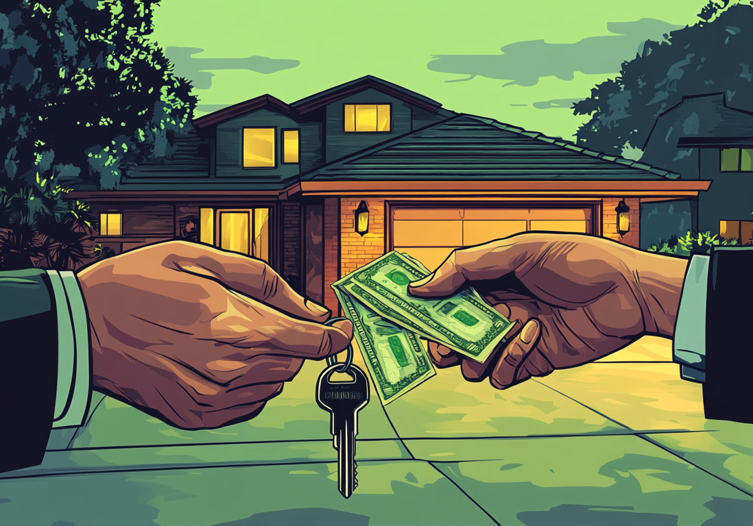 Hands passing cash in exchange for house keys in a twilight setting.
