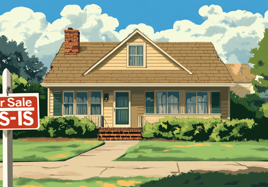 A single-story suburban home with a "For Sale AS-IS" sign under a bright blue sky.