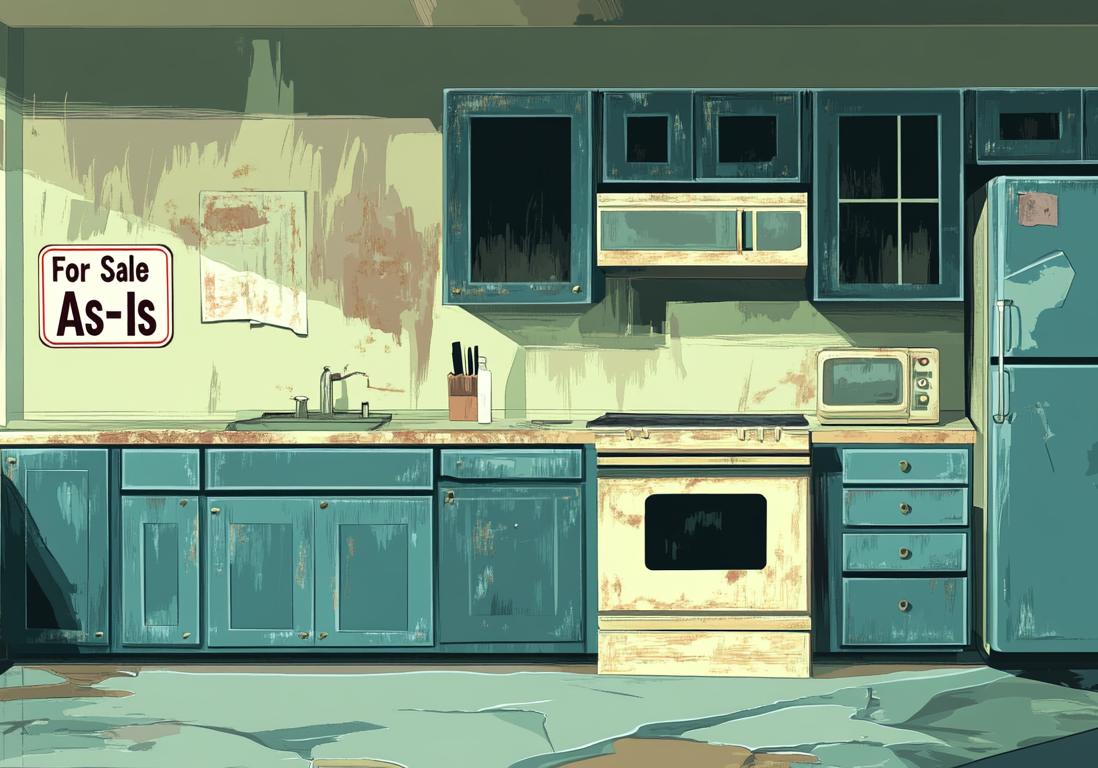 Interior view of a cluttered, outdated blue kitchen with a for-sale sign visible.