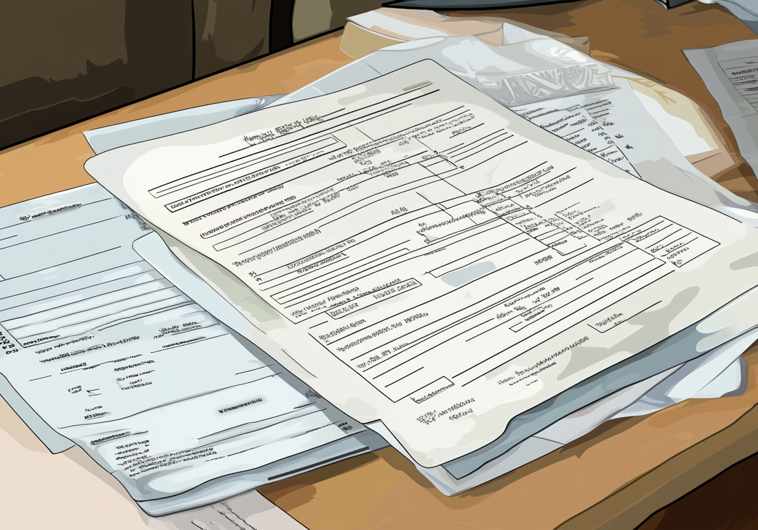 Close-up of multiple pages of a real estate contract resting on a wooden desk.