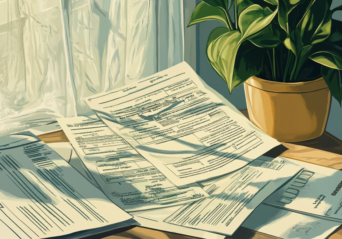A desk covered in local real estate market reports, contracts, and a calculator.