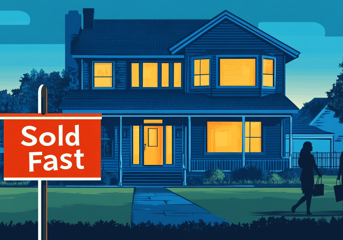 Nighttime view of a suburban home with a bright "Sold Fast" banner.