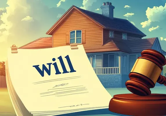 A legal "Will" document resting next to a wooden judge's gavel in front of a house.