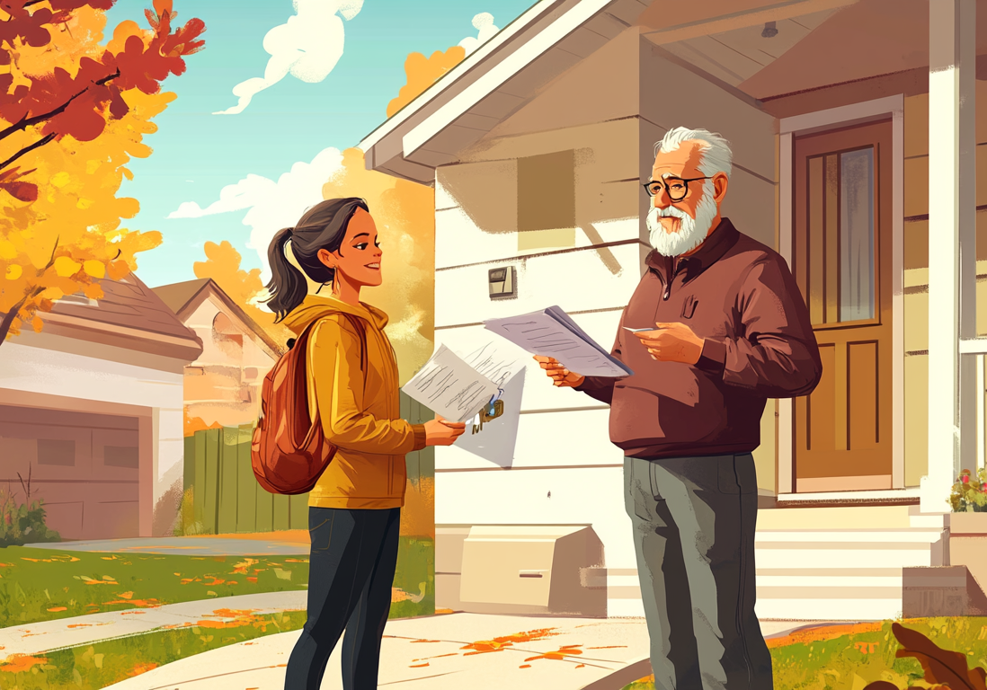 A real estate agent in a vest speaking with a couple in front of their suburban home.