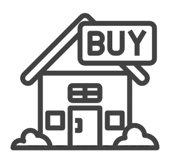 Line icon of a house with a "BUY" tag, representing a professional home buying service.