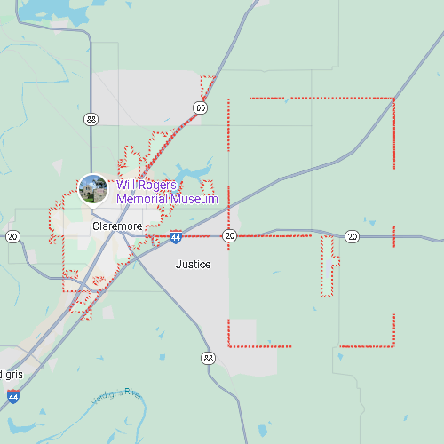 Map of Claremore, Oklahoma, highlighted by a red dotted boundary near the Will Rogers Memorial Museum.