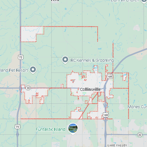 Map of Collinsville, Oklahoma, highlighted by a red dotted boundary near Highway 169.