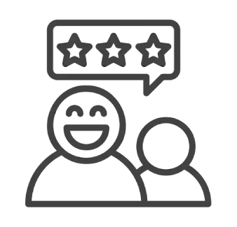 Line icon of a smiling person and rating stars, representing happy real estate clients.