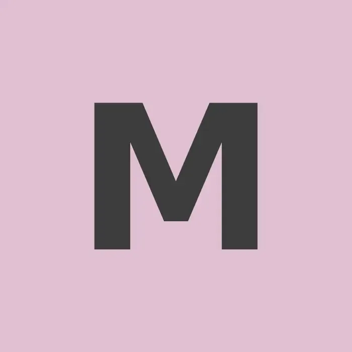 Bold white letter M on a square pink background tile.