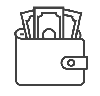 Line icon of a wallet filled with cash, representing an instant cash home offer.