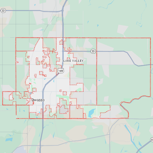 Map of Owasso, Oklahoma, highlighted by a red dotted boundary near Highway 169.
