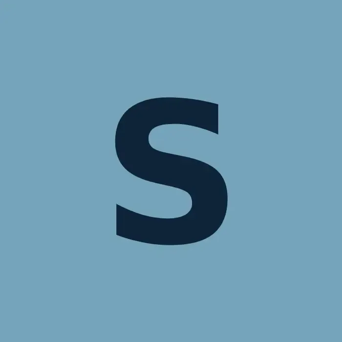 Bold dark blue letter S on a square light blue background tile.