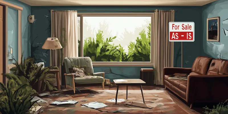 View of an empty living room with a for-sale sign in the window, ready for a new owner.