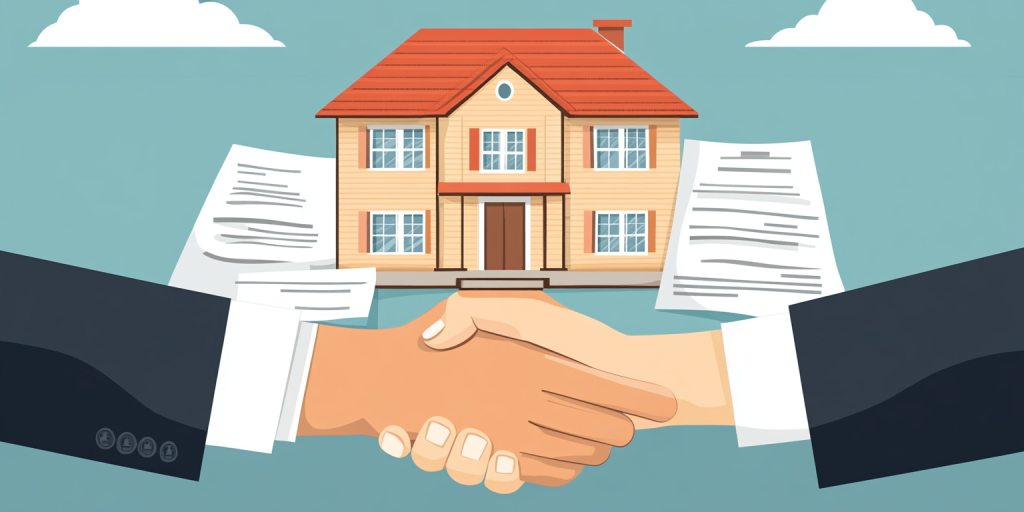 Graphic showing a handshake in front of a house model and legal documents.