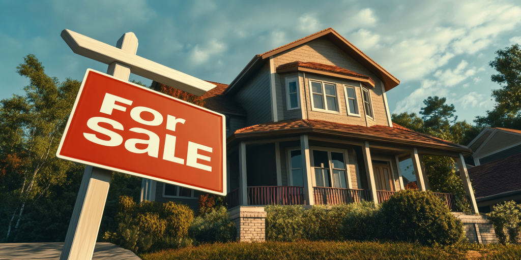 A classic two-story home with a red "For Sale" sign in the yard at twilight.