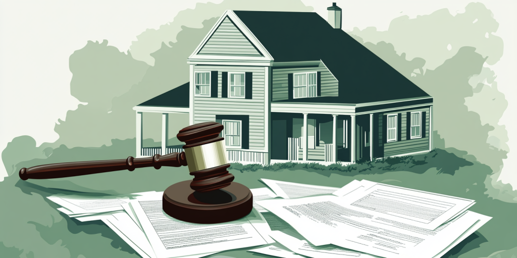 A wooden gavel striking a desk next to a house model and legal paperwork.