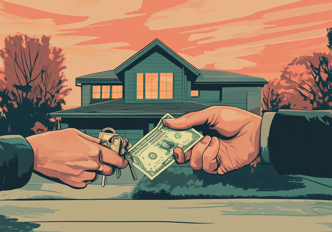 Illustration of hands exchanging a stack of cash in front of a residential house at sunset.