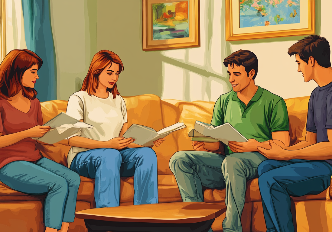 Three people sitting on a sofa comfortably reviewing a set of real estate documents.