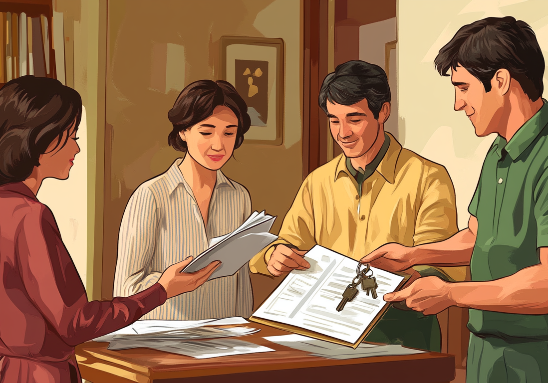 A real estate professional reviewing a paper contract with a couple in a brightly lit office.